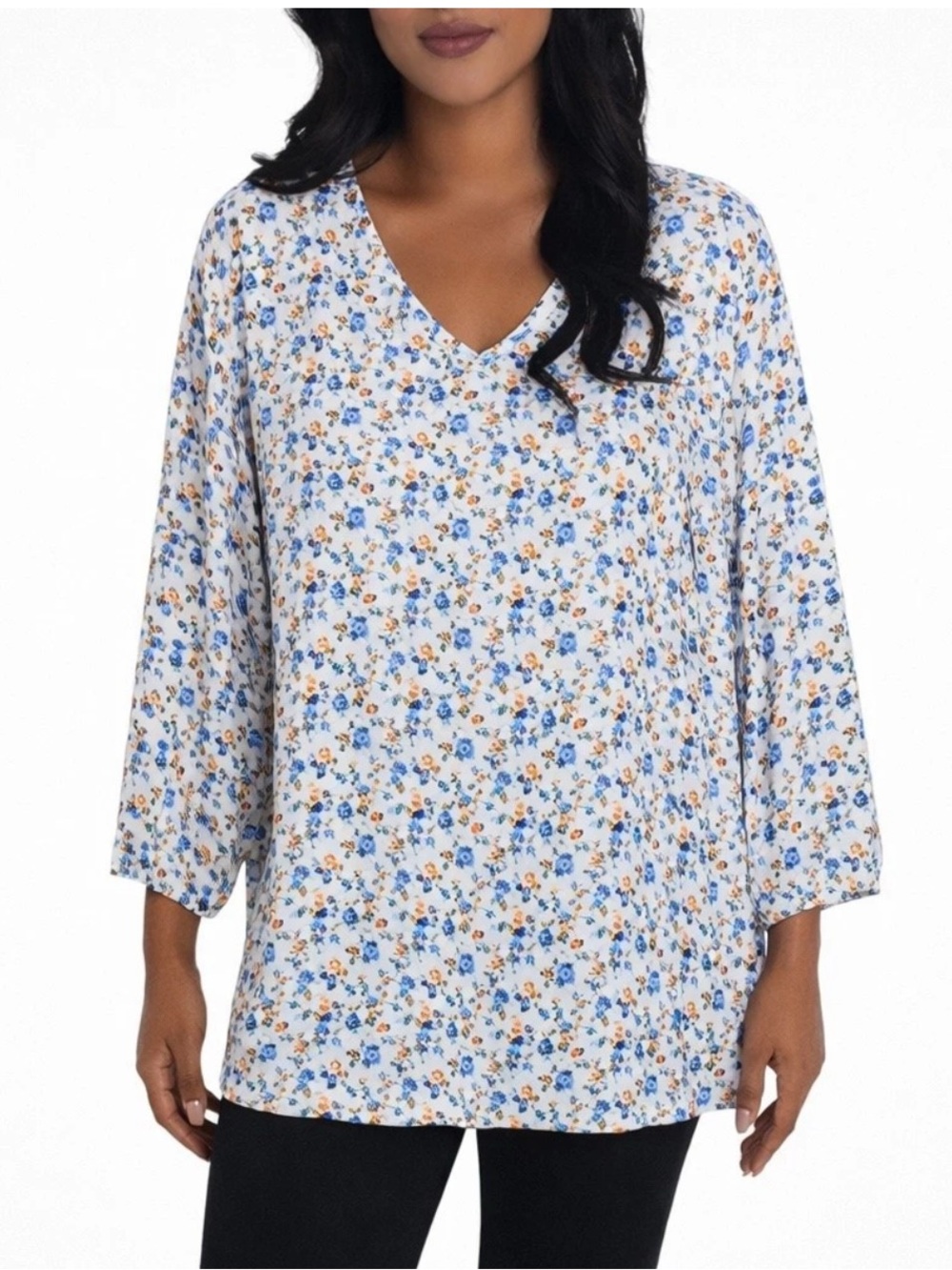 Mario Serrani Cream V-Neck Tunic with Blue &‎ Tan Floral Print